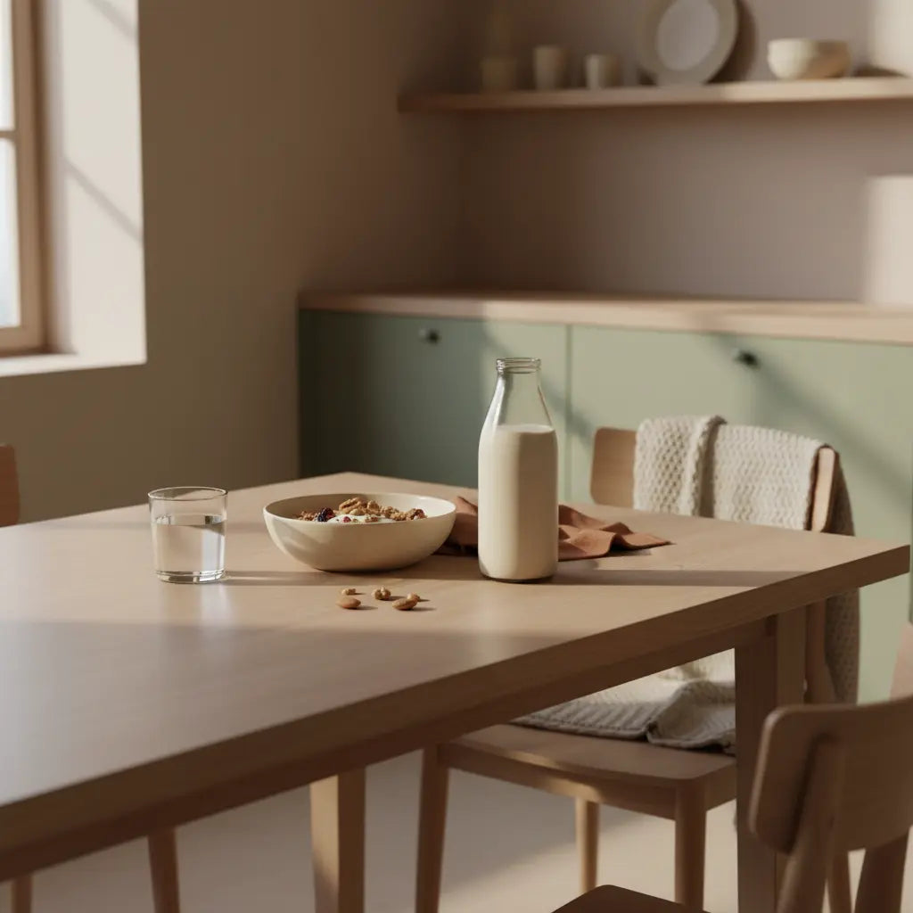 Minimalistisches Morgenfrühstück mit Granola, pflanzlichem Joghurt, Nüssen und Shake auf nachhaltig gedecktem Tisch in warmen Naturtönen – pflanzliche lebensmittel im Fokus.