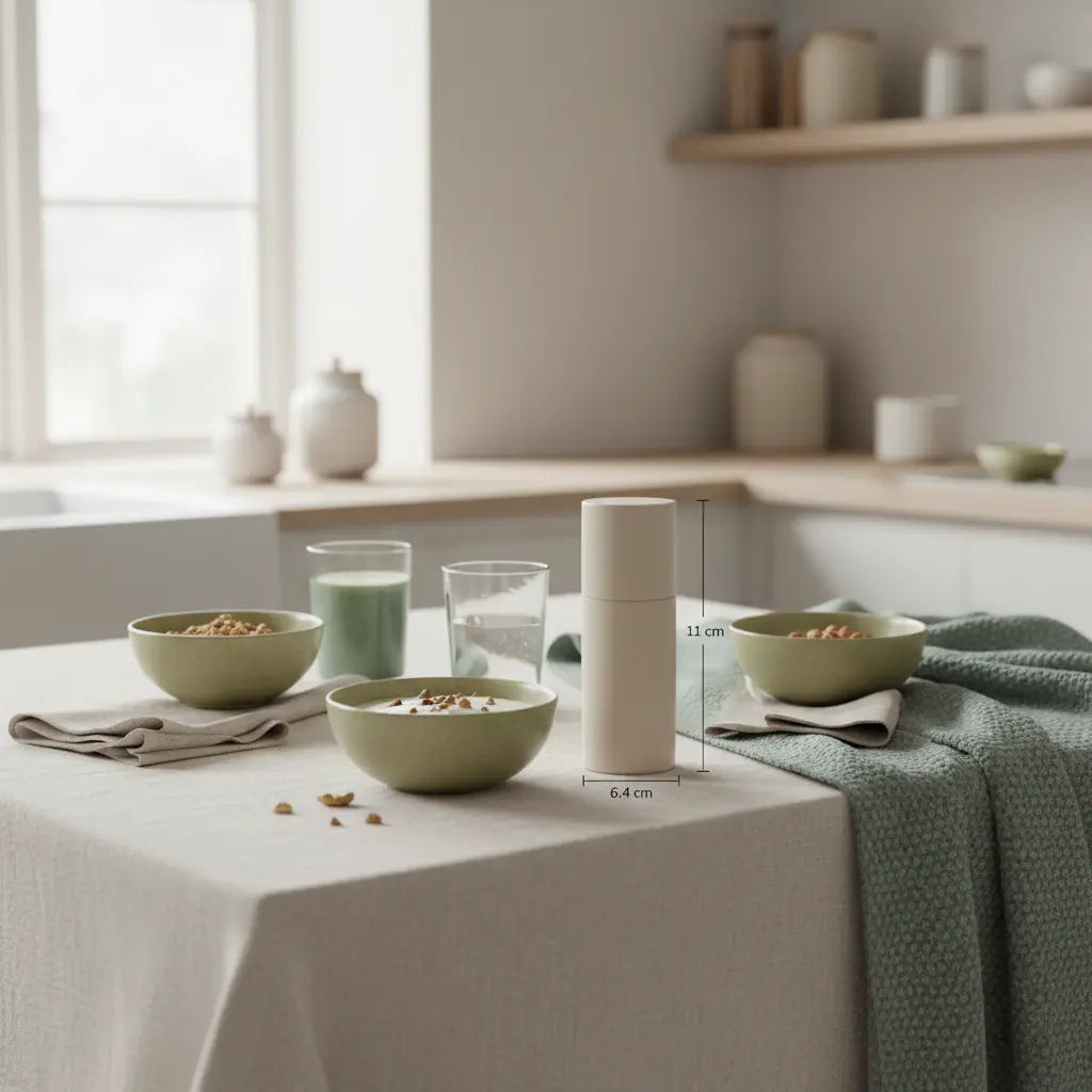 Nachhaltiges Frühstück in europäischer Küche mit Granola, Pflanzenjoghurt, Nüssen und Shake, ruhige beige‑Salbei‑Töne; Fokus auf nährender Szene und pflanzliche öle gesundheit