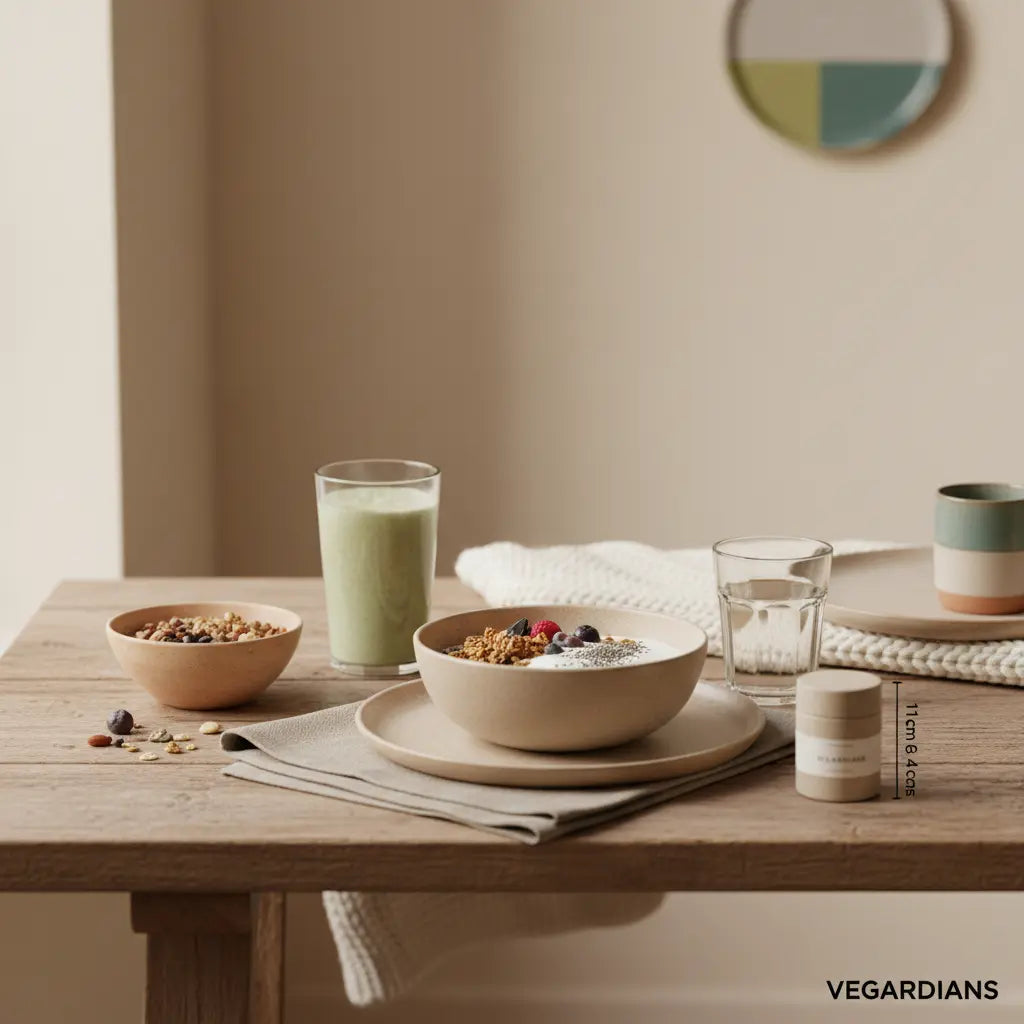 Minimalistisches Frühstück in einer europäischen Küche mit Granola, pflanzlichem Joghurt, Nüssen und Shake als pflanzliche proteinquellen, klares Wasserglas, Leinen- und Wolltexturen, ruhige Morgenstimmung.