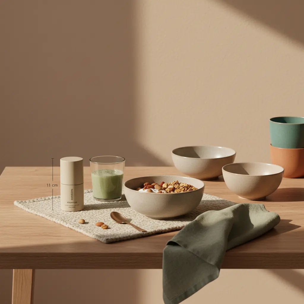 Minimalistisches Frühstück mit Granola, veganem Joghurt, Nüssen und Shake auf nachhaltigem Holztisch in sanftem Morgenlicht – pflanzliche proteinquellen im Fokus.