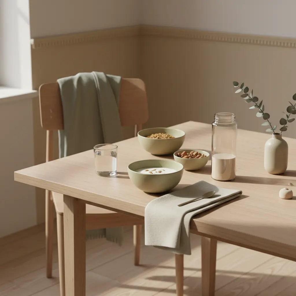 Minimalistisches Frühstück mit Granola, pflanzlichem Joghurt, Nüssen und Proteinshake-Flasche auf nachhaltigem Holztisch in europäischer Küche – pflanzliche proteinquellen