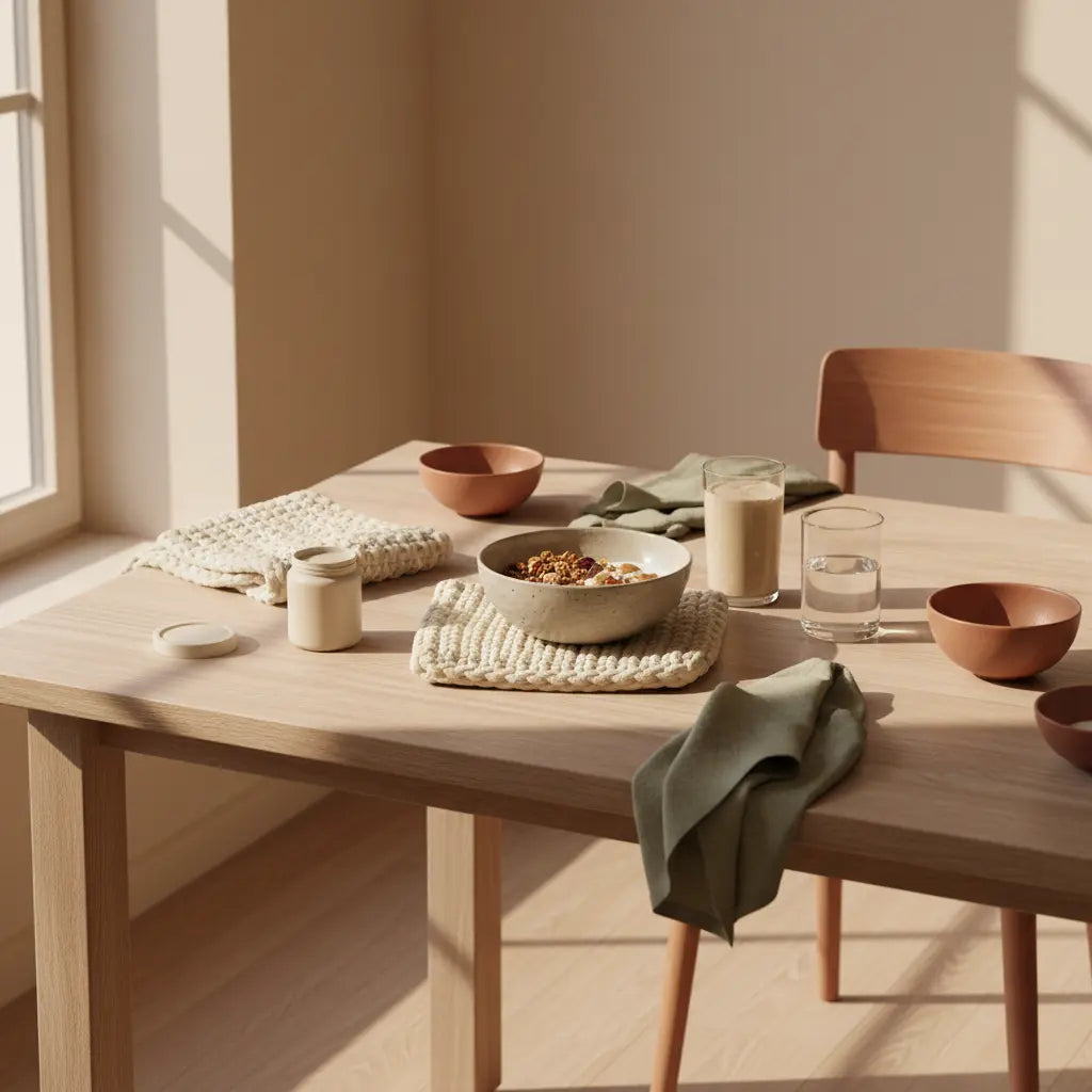 Minimalistische Frühstücksszene mit Granola, Pflanzenjoghurt, Nüssen und Shake als pflanzliche proteinquellen auf nachhaltigem Tisch in warmem Morgenlicht.