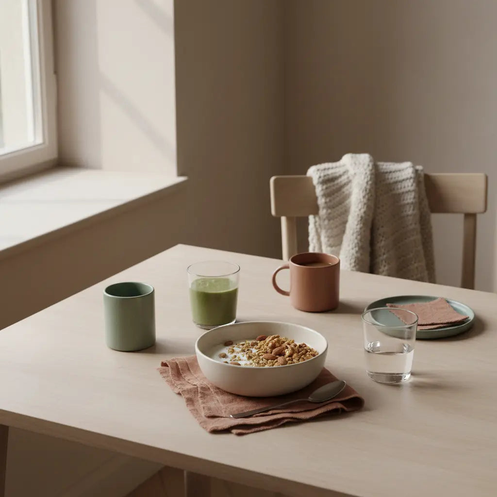 Minimalistisches europäisches Frühstück in sanftem Morgenlicht mit pflanzliche Vollwertkost: Granola, Joghurt, Nüsse und Shake auf nachhaltigem Tisch mit Woll- und Leinentexturen.