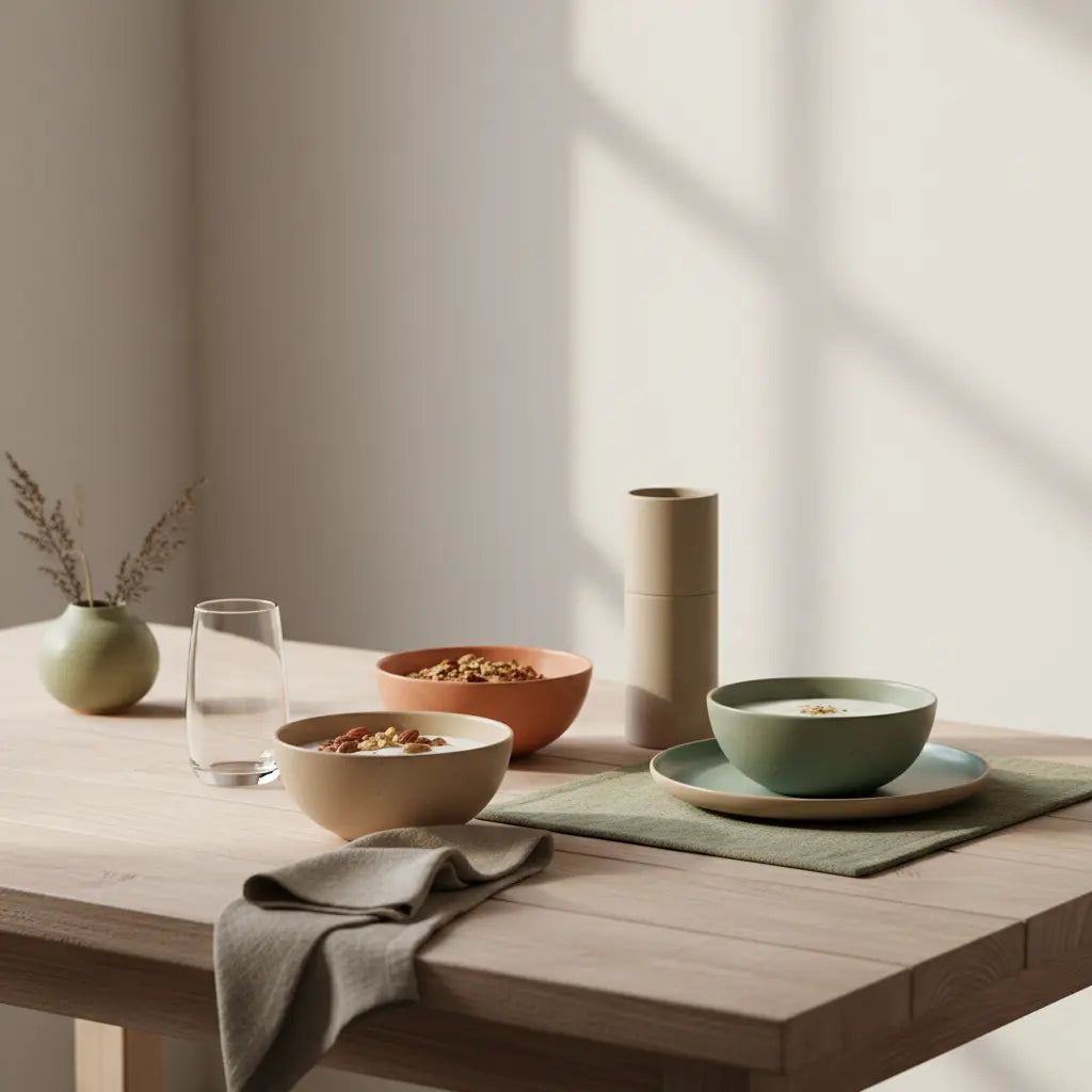 Minimalistischer Frühstückstisch mit pflanzlicher Vollwertkost: Granola, pflanzlicher Joghurt, Nüsse und Shake in Keramikschalen in einer hellen europäischen Küche