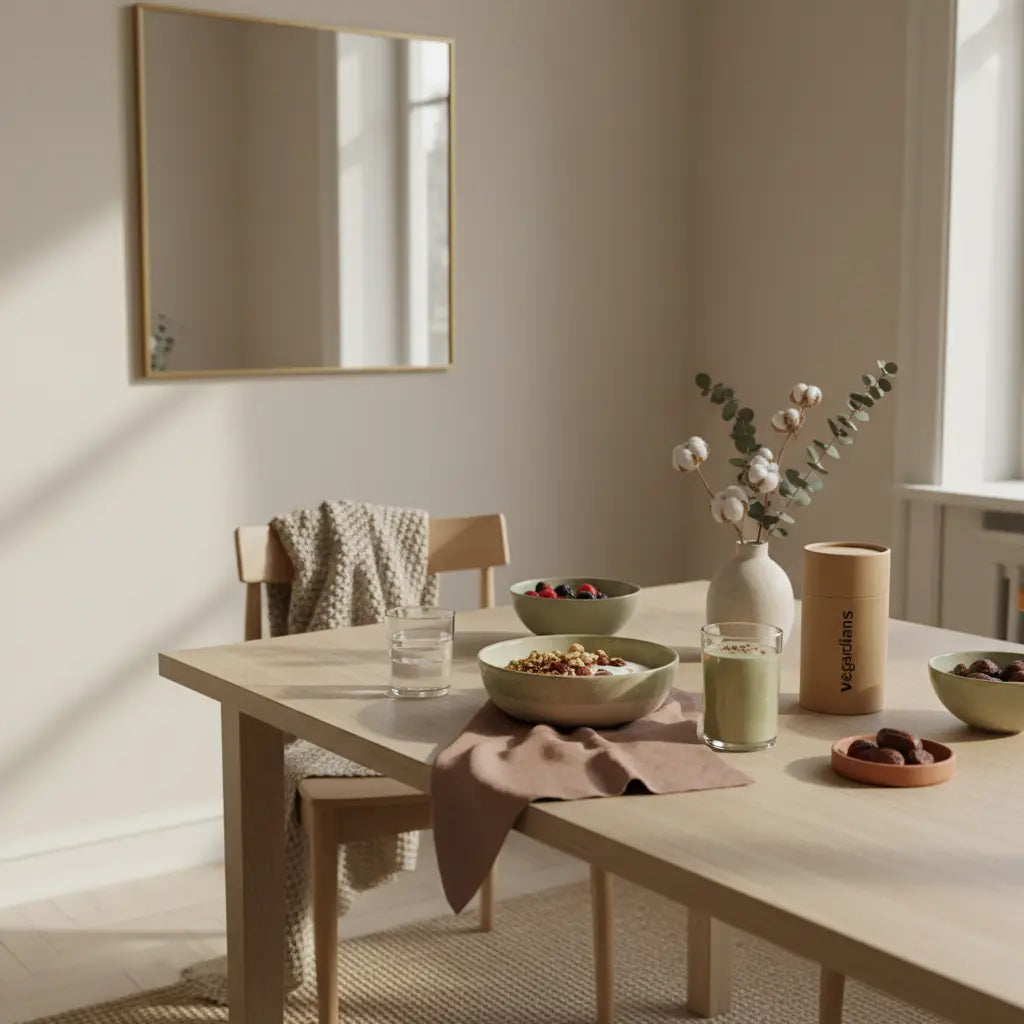 Minimalistisches Frühstück in europäischer Küche mit Granola, pflanzlichem Joghurt, Nüssen und Shake auf nachhaltig gedecktem Tisch – pflanzlicher ernährungsplan