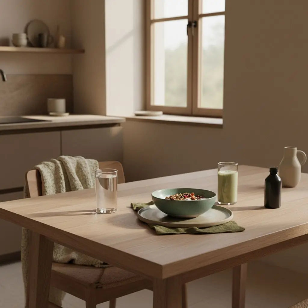 Minimalistisches Frühstück in europäischer Küche mit Granola, pflanzlichem Joghurt, Nüssen, Shake und Produkt aus den Referenzfotos – Fokus auf pflanzliches Eiweiß.