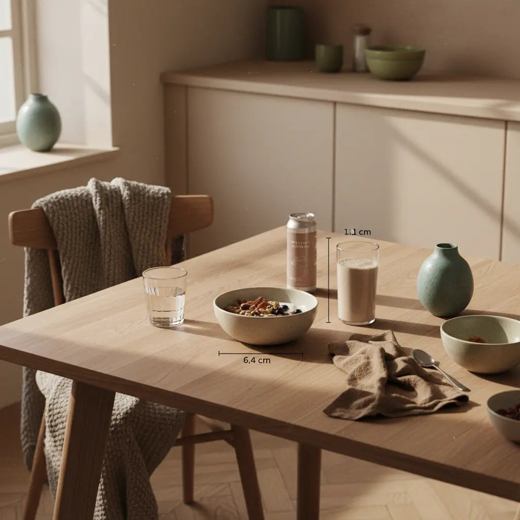 Minimalistischer Holztisch in europäischer Küche mit Granola, Pflanzenjoghurt, Nüssen und pflanzliches eiweiß-Shake vor beige‑salbeigrünem Hintergrund (#F7EDE6, #B0BF71).