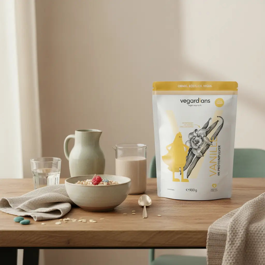 Veganer Frühstückstisch mit Haferflocken, Pflanzendrink und Proteinshake auf nachhaltigem Holztisch – pflanzliches protein gewichtszunahme