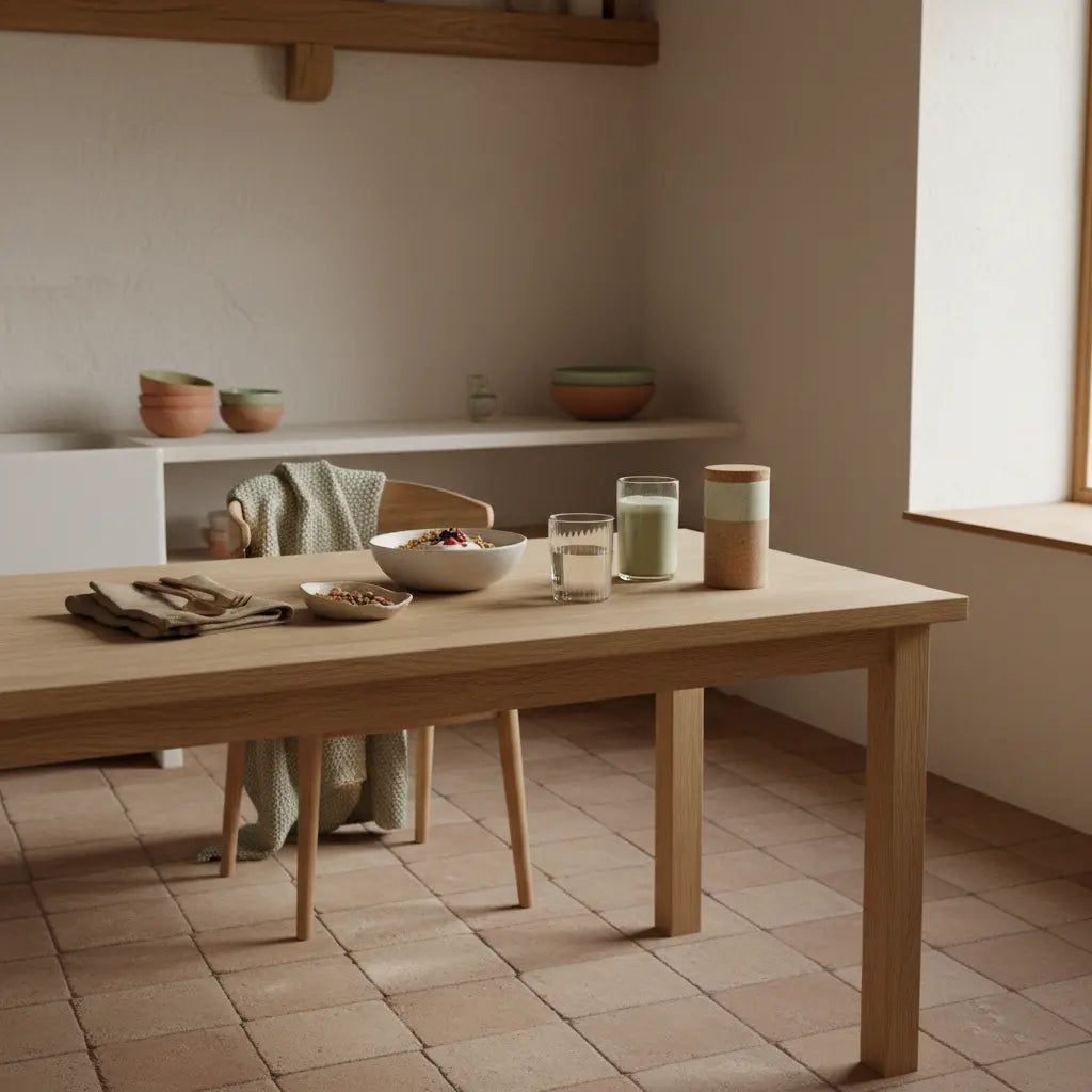 Minimalistische Frühstücksszene mit Granola, veganem Joghurt, Nüssen und Shake neben dem Produktdöschen; pflanzliches proteinpulver für muskelaufbau, warme beige-sage Farbpalette