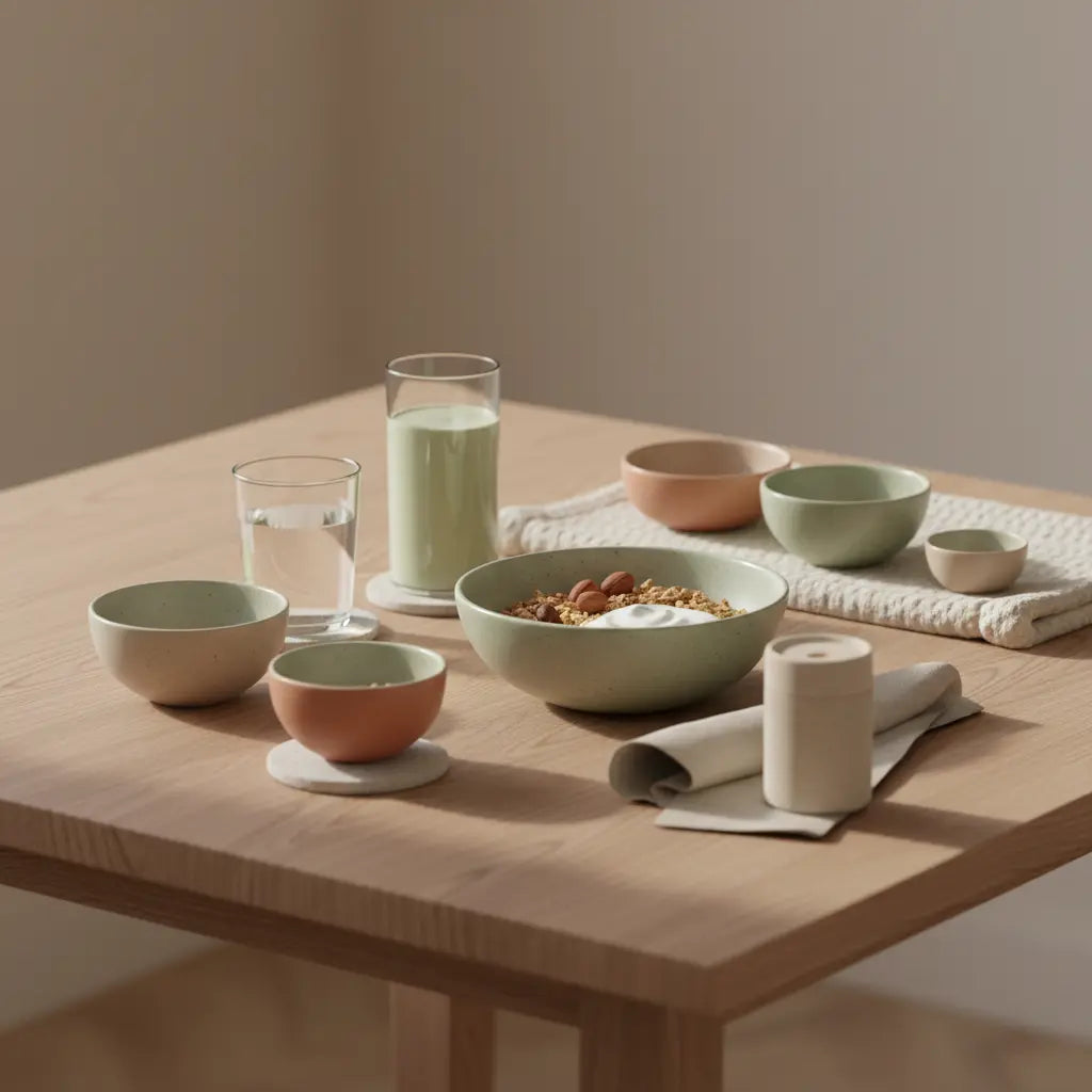 Minimalistische Frühstücksszene mit Granola, veganem Shake, Wasserglas und dem Produkt aus den Referenzfotos auf nachhaltigem Holztisch in Vegardians-Farben. Phytopharmaka