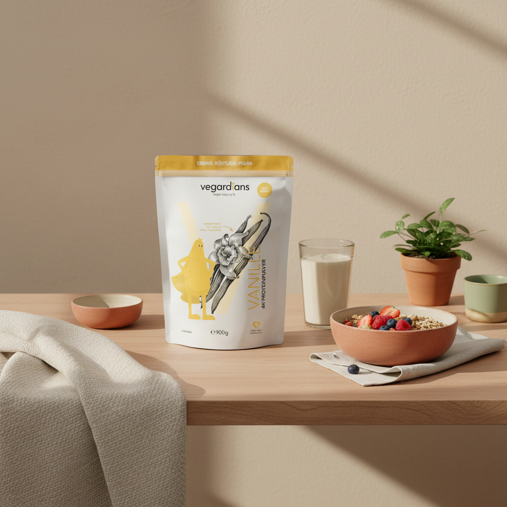 Minimalistische Küchenszene mit pflanzlichem Proteinpulver, Shake, Haferflocken und Nüssen zur Ernährungsunterstützung beim Po trainieren