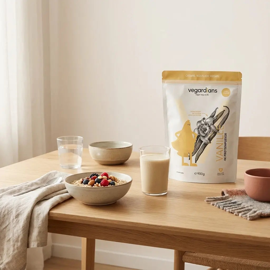 Minimalistische Frühstücksszene mit Hafer, Beeren, Glas Wasser und veganem Shake (Das Produkt aus den Referenzfotos) in sanftem Morgenlicht – ideal für Po und Beine zusammen trainieren.