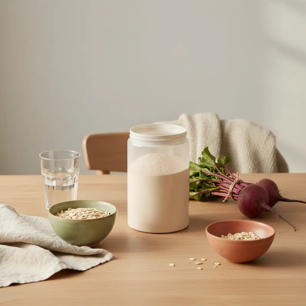 Minimalistische Morgen-Tischszene mit geöffnetem Gefäß Pre-Workouts, Schale Haferflocken, Glas Wasser und Roter Bete auf Holztisch in erdigen Beige- und Salbeinuancen.