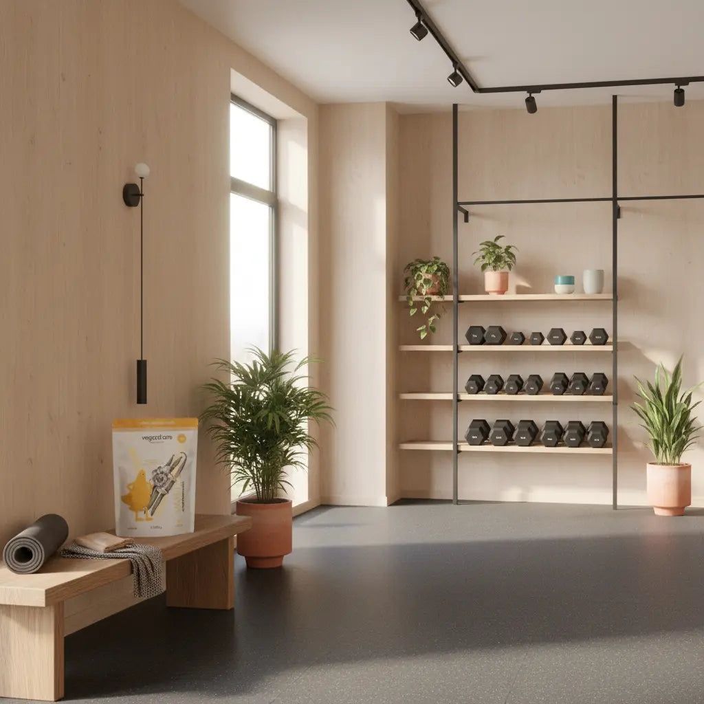 Ruhiger moderner Studioeingang mit Holzakzenten und geordneten Hanteln, minimalistisches Setup, einladend für ein probetraining im fitnessstudio