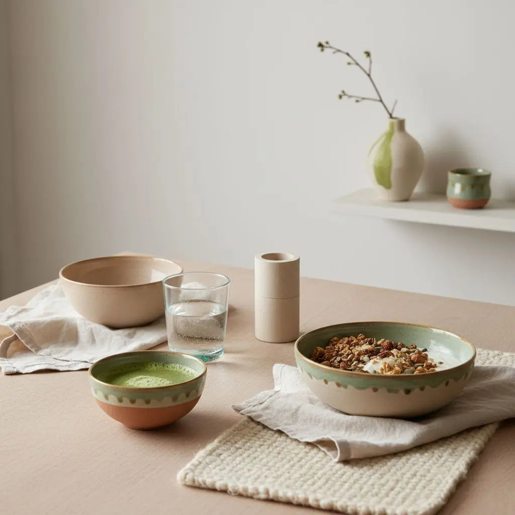 Minimalistischer Frühstückstisch mit Granola, veganem Joghurt, Nüssen und Shake in heller Küche – probiotika bauchfett reduzieren