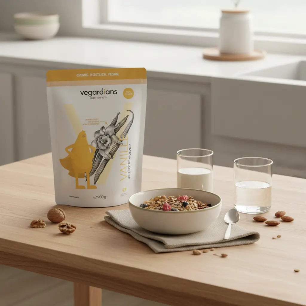probiotika einnahme zeitpunkt: Minimalistische Morgenküche mit Vegardians Supplement neben veganem Müsli, Glas Wasser und salbei‑beigen, terrakotta Akzenten