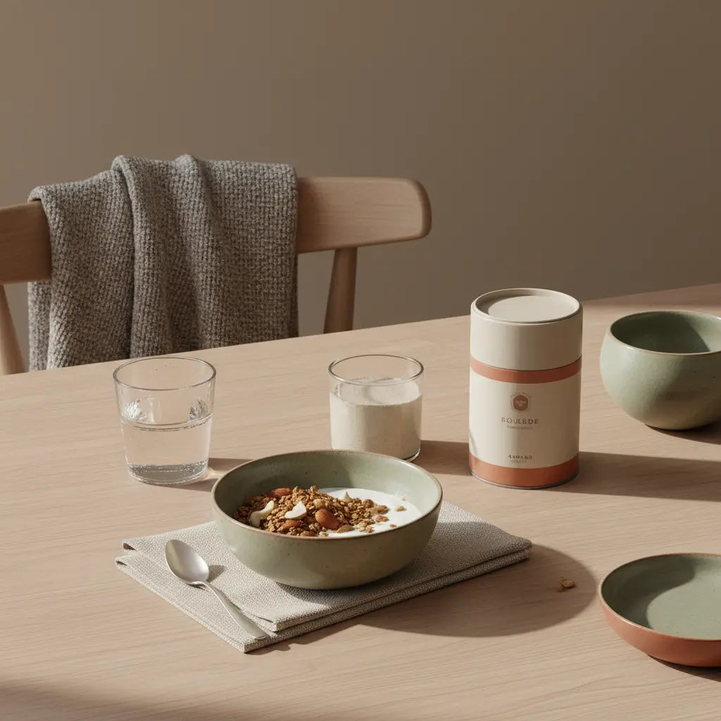 Minimalistisches Frühstück mit Protein-Shake, Granola, Joghurt und Nüssen auf nachhaltigem Tisch in sanftem Morgenlicht (Markenfarben #F7EDE6, #B0BF71).