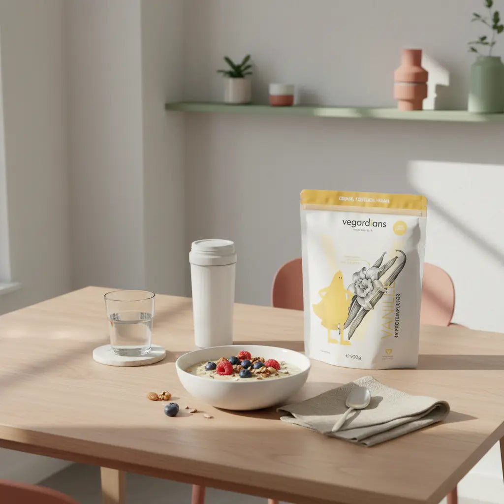 Veganer Protein-Porridge mit Beeren, Nüssen und Shake auf nachhaltigem Holztisch im sanften Morgenlicht vor hellem Hintergrund (#F7EDE6), salbeigrüne Akzente.