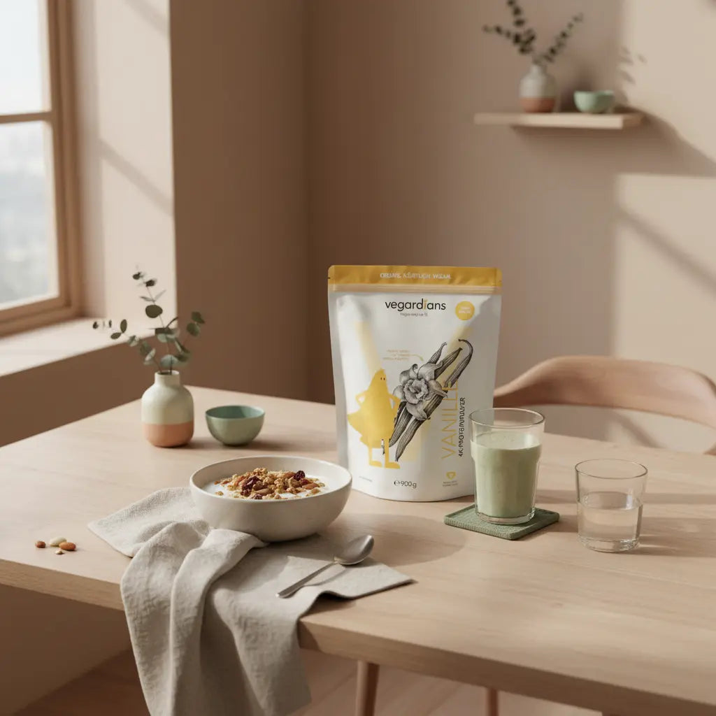 Veganes proteinreiches Frühstück mit Joghurtalternative, Müsli, Nüssen und pflanzlichem Shake auf nachhaltigem Holztisch im sanften Morgenlicht – protein zum abnehmen