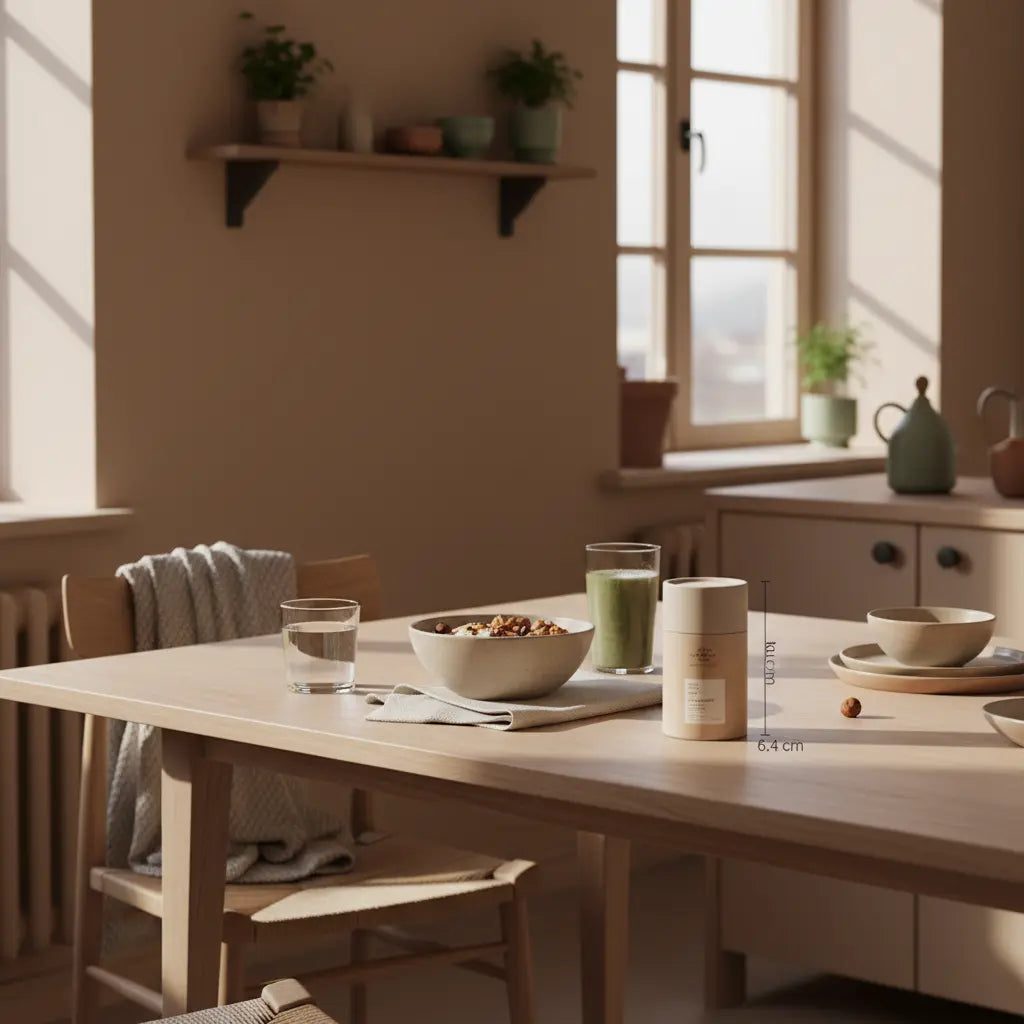 Veganer Frühstückstisch mit Granola, pflanzlichem Joghurt, Nüssen und Shake sowie dem Produkt aus Referenzfotos in ruhiger, minimalistischer Szene – Illustration für Proteinbedarf.