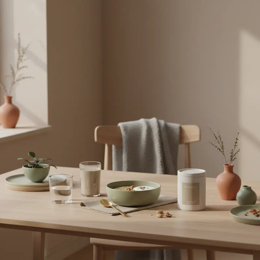 Vegane proteinreiche Mahlzeit (Porridge, Joghurt‑Alternative, Nüsse) und Shake auf nachhaltigem Holztisch im Morgenlicht, klarer Vegardians‑Look — Proteinbedarf Muskelaufbau.