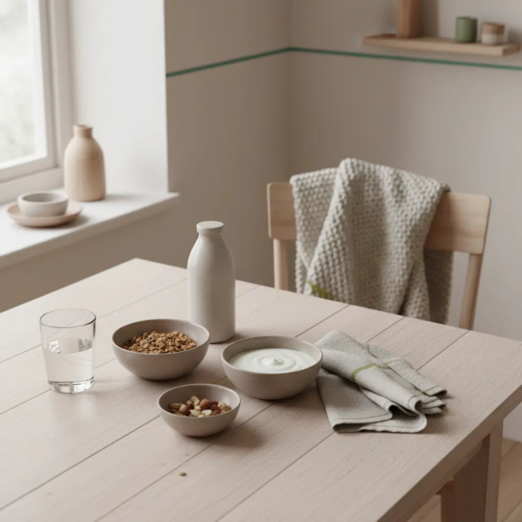 Vegetarisches, proteinreiches Frühstück mit Granola, Joghurt, Nüssen und Proteinshake in Keramikschalen auf minimalistischem Vegardians-Tisch zur Verdeutlichung des proteinbedarf vegetarier.