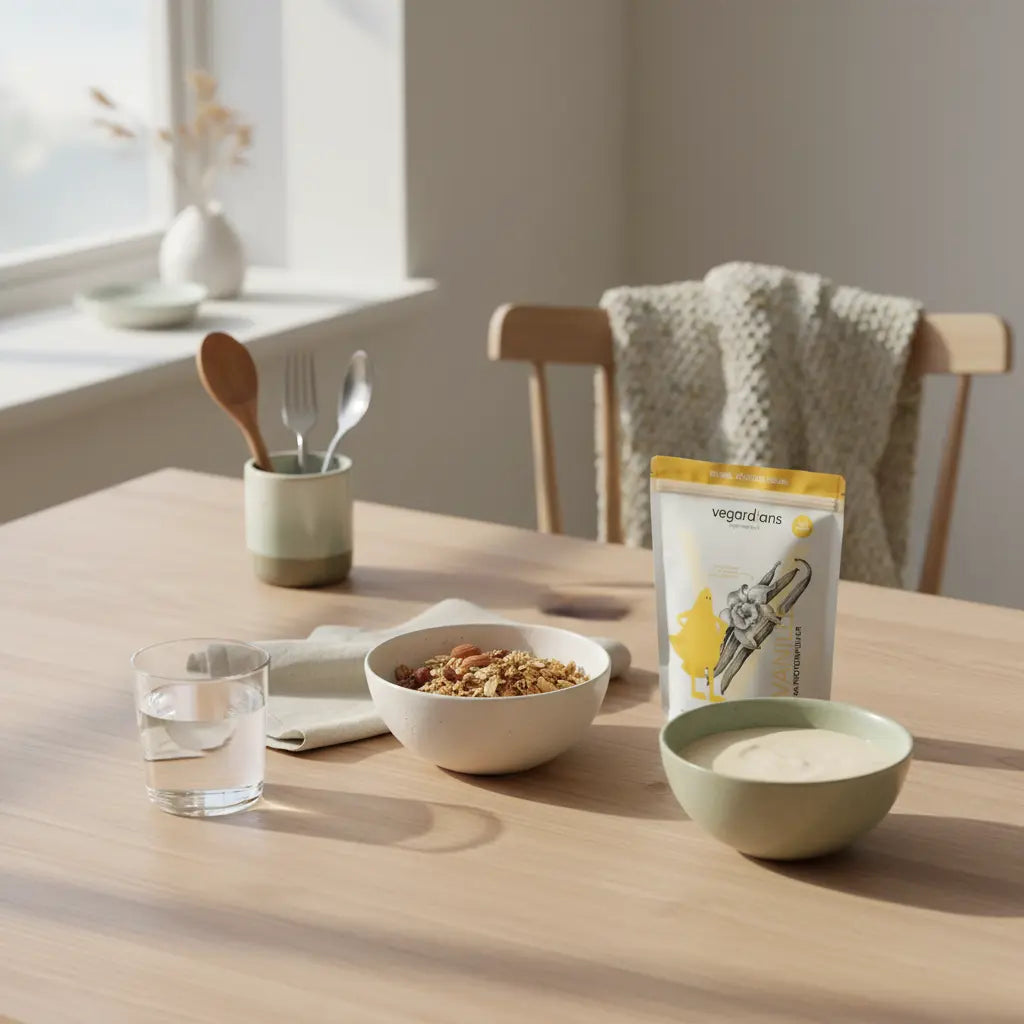 Europäische Küchenszene mit nachhaltigem Holztisch, Glas Wasser, Müsli, Nüssen und Proteinshake; Produkt aus Referenzfotos, proteinpulver bauchfett reduzieren