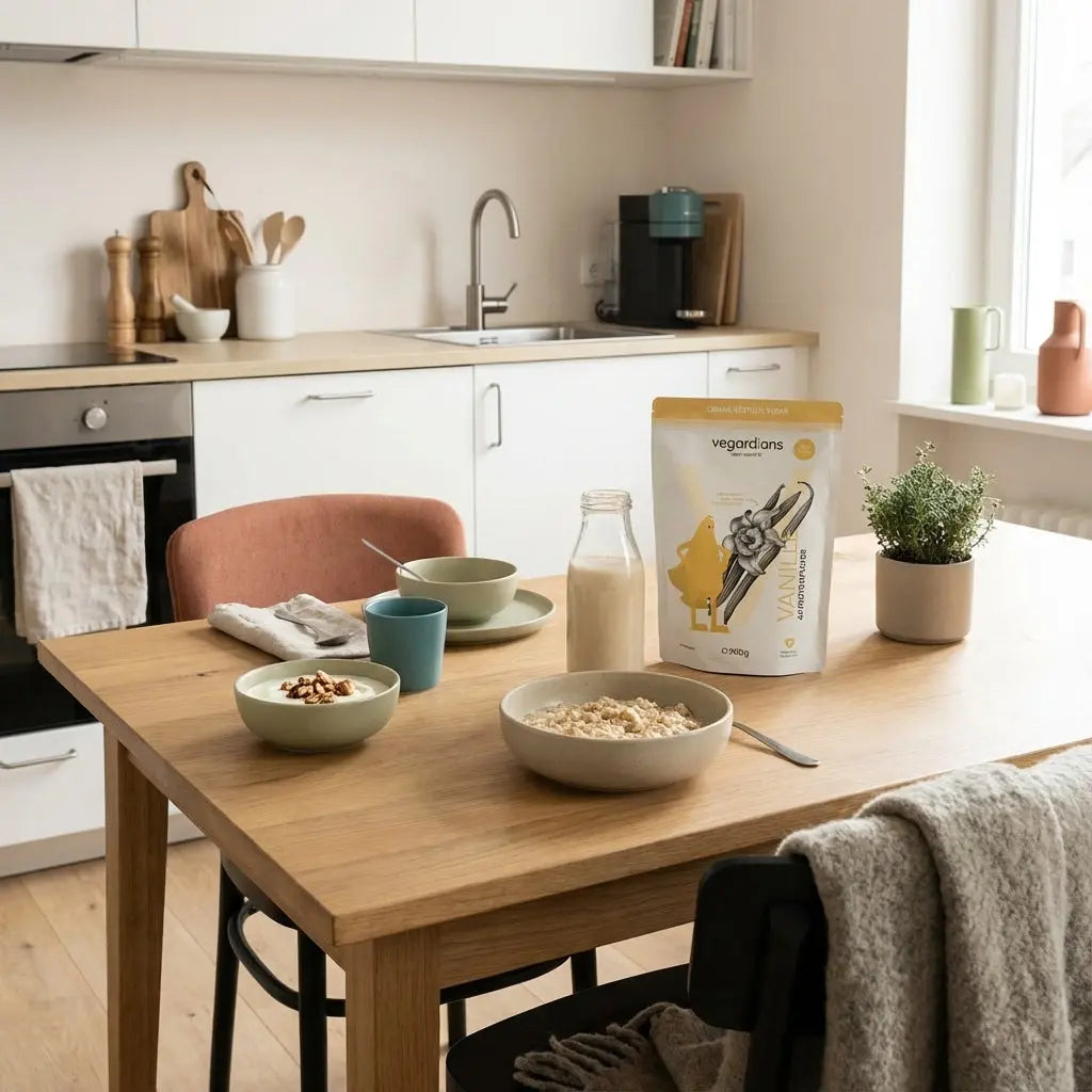 Minimalistisches Frühstück mit Haferbrei, Sojajoghurt, Nüssen und Shake auf Holztisch – Szene zu proteinreiche Ernährung, sanftes Morgenlicht, nachhaltige Vegardians-Ästhetik.