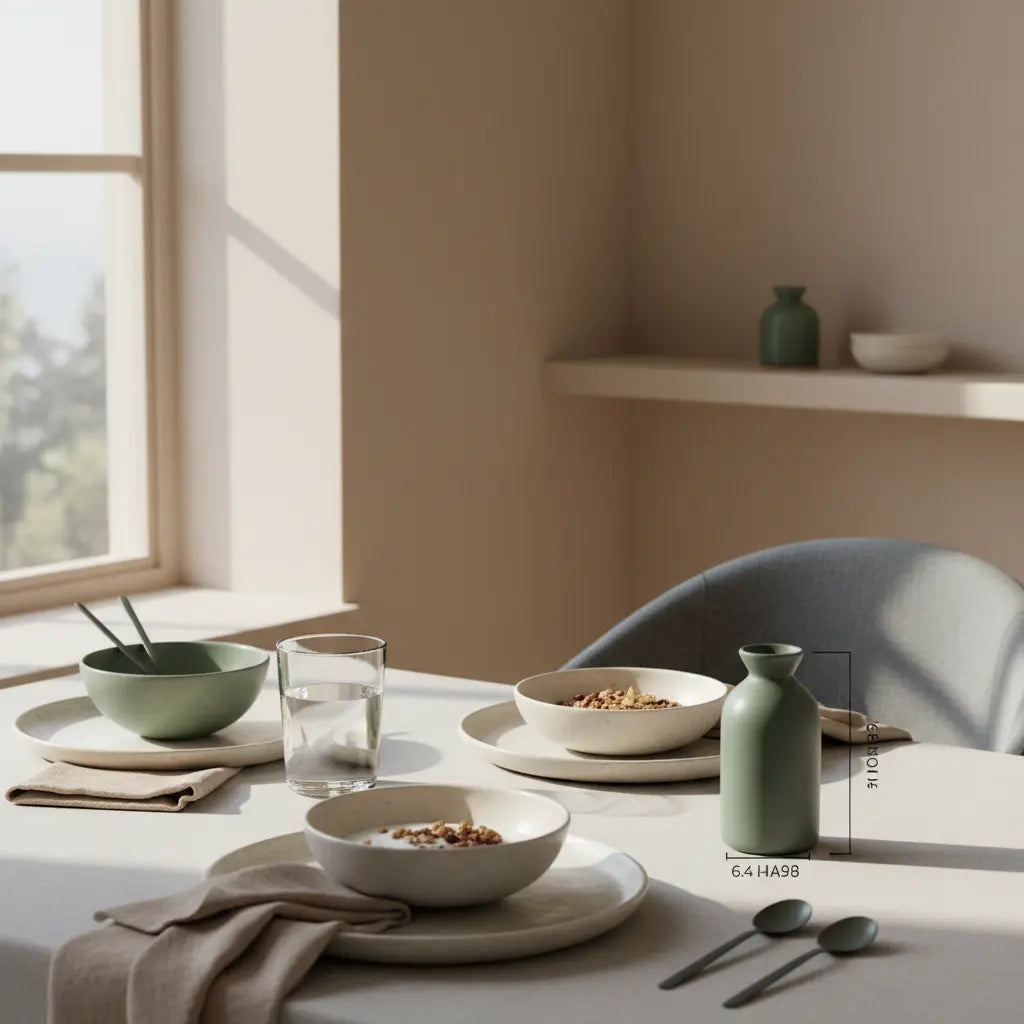 Proteinreiches Frühstück vegetarisch: Granola mit pflanzlichem Joghurt, Nüssen und kleinem Protein-Shake auf nachhaltigem, minimalistischen Tisch in weichem Morgenlicht