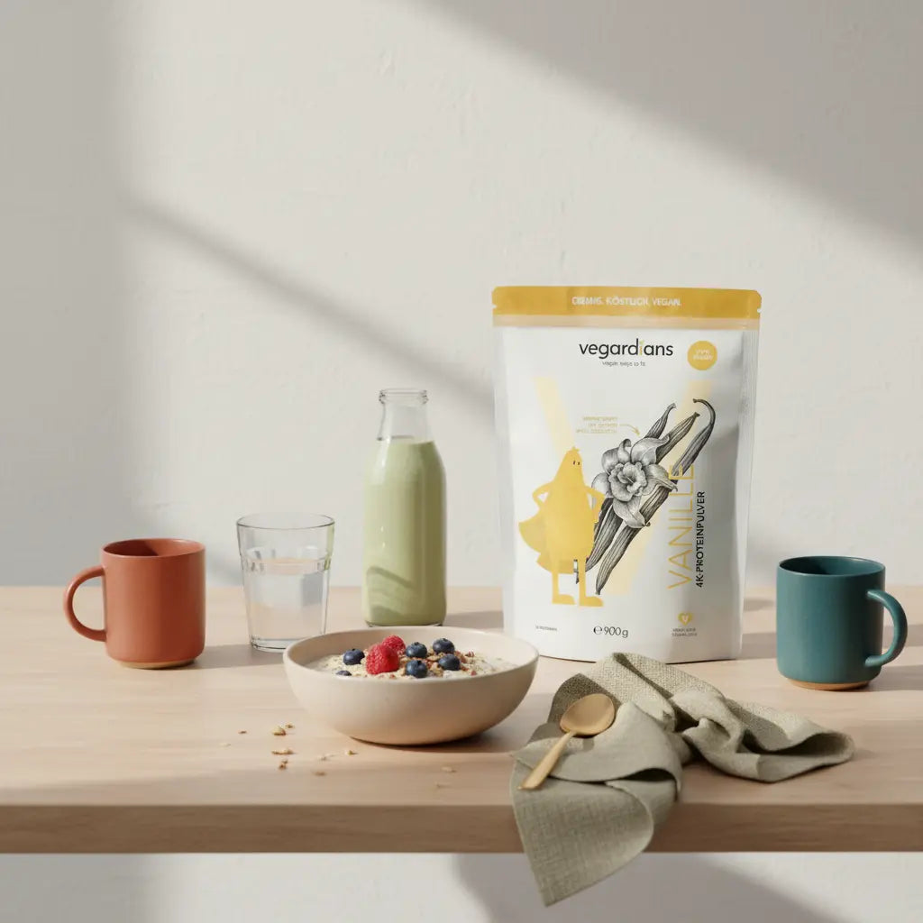 Proteinreiches Frühstück zum Abnehmen: minimalistische Küchenszene mit Haferbrei, Beeren, Glas Wasser und proteinreichem Shake (Produkt aus Referenzfotos)