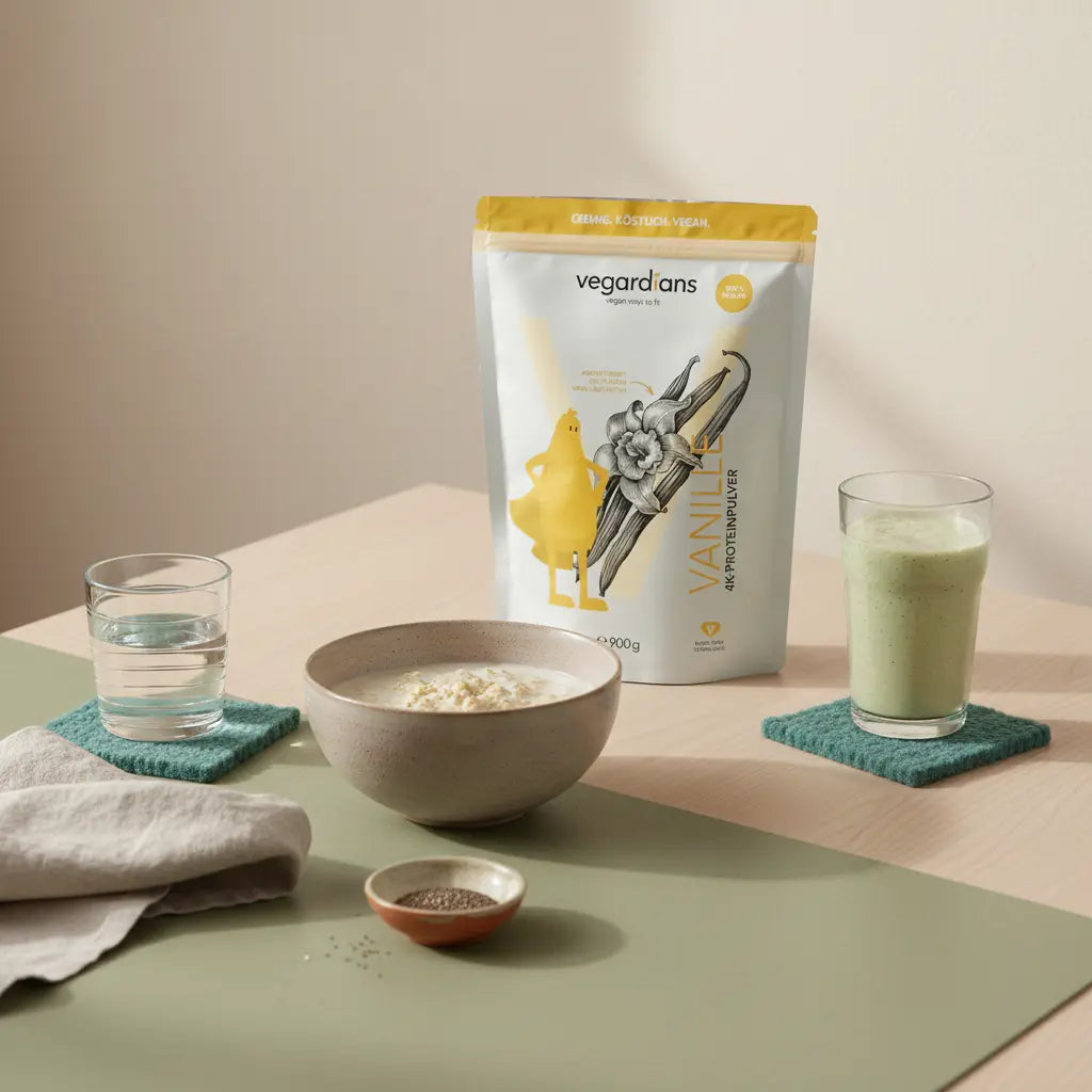 Offenes Paket mit Proteinriegeln auf nachhaltigem Holztisch neben Haferflocken, Glas Wasser und pflanzlichem Shake in ruhiger Morgenküche – proteinriegel abnehmen