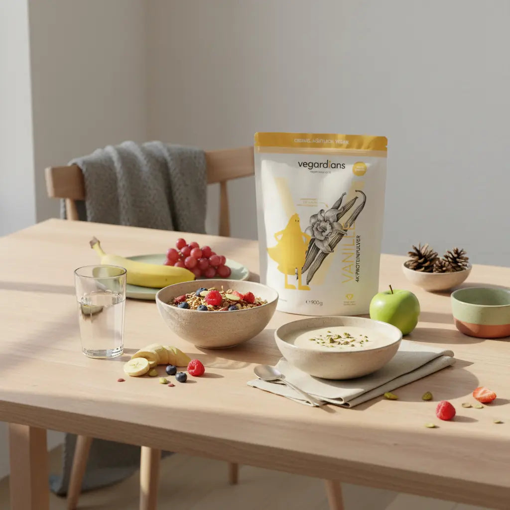 Realistische Küchenszene im Morgenlicht: nachhaltiger Holztisch mit Glas Wasser, Müsli mit Nüssen, Obst und proteinreichem Shake in Keramikschale – proteinshake abnehmen