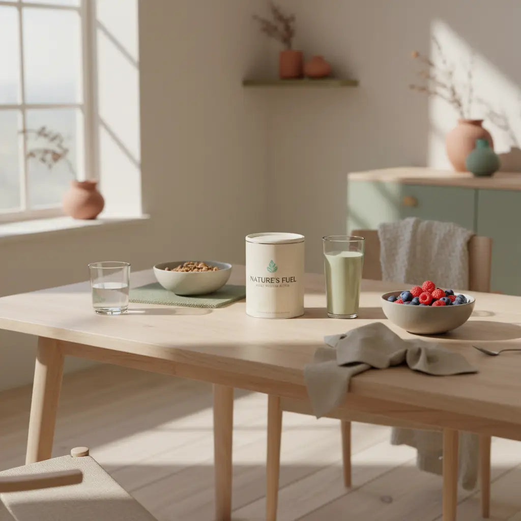 Proteinshake als Mahlzeitenersatz auf nachhaltigem Holztisch mit Müsli, Beeren, klarem Wasserglas und Leinenserviette im sanften Morgenlicht