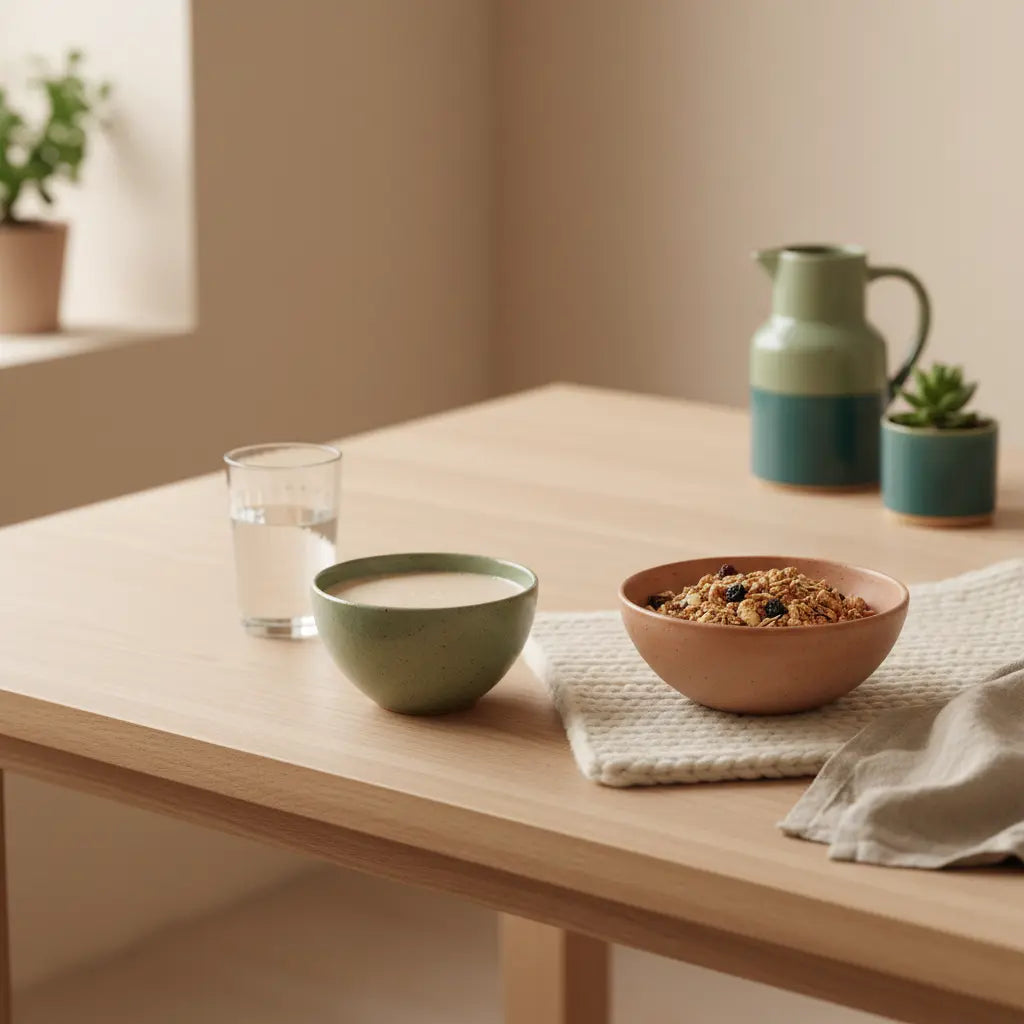 Minimalistische europäische Küchenaufnahme mit Bowl, Glas Wasser und proteinshake als mahlzeitersatz in Keramik, erdige Beige-Salbei-Terrakotta-Töne, veganes Frühstück.