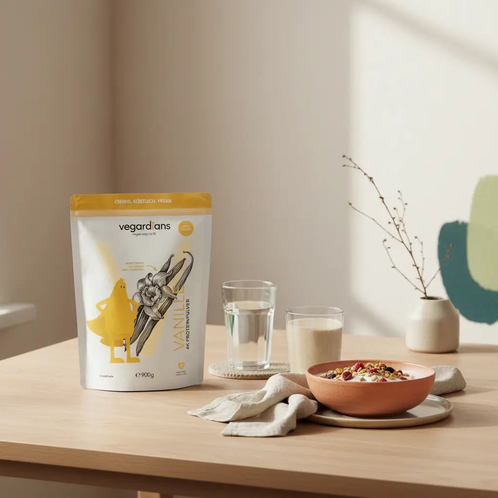 Minimalistische europäische Küche im Morgenlicht mit nachhaltigem Tisch, Müsli, Joghurt, Nüssen, Wasserglas und Shake – proteinshakes zum abnehmen