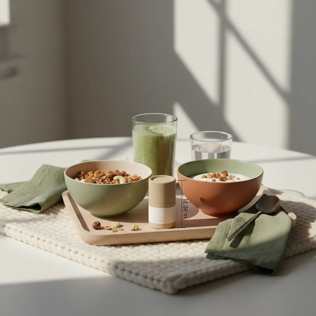 Minimalistischer Frühstückstisch in europäischer Küche mit Granola, Joghurt, Nüssen und Shake, ruhige Morgenstimmung – psychische Gesundheit durch Sport