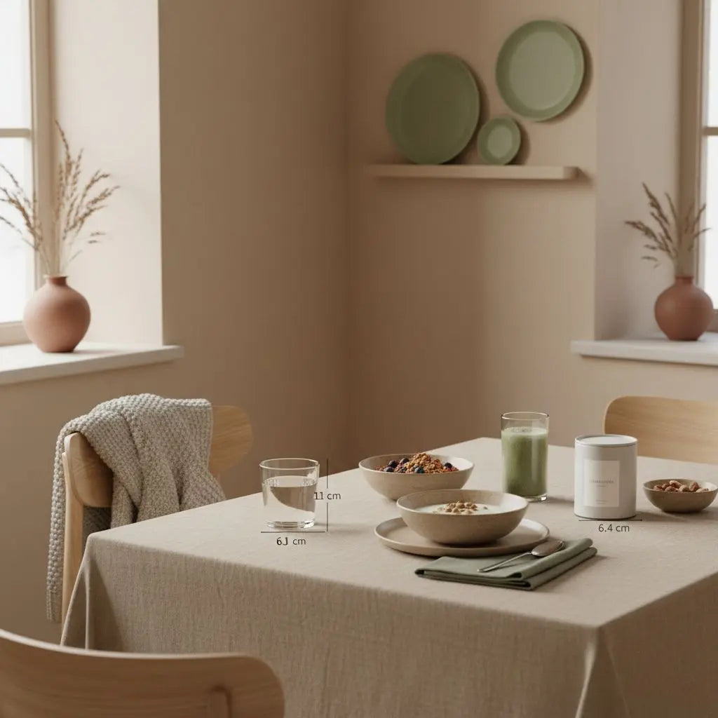 Minimalistischer Frühstückstisch mit Granola, Pflanzenjoghurt, Nüssen und Shake in einer warmen, ruhigen Küche – psychische wirkung krafttraining