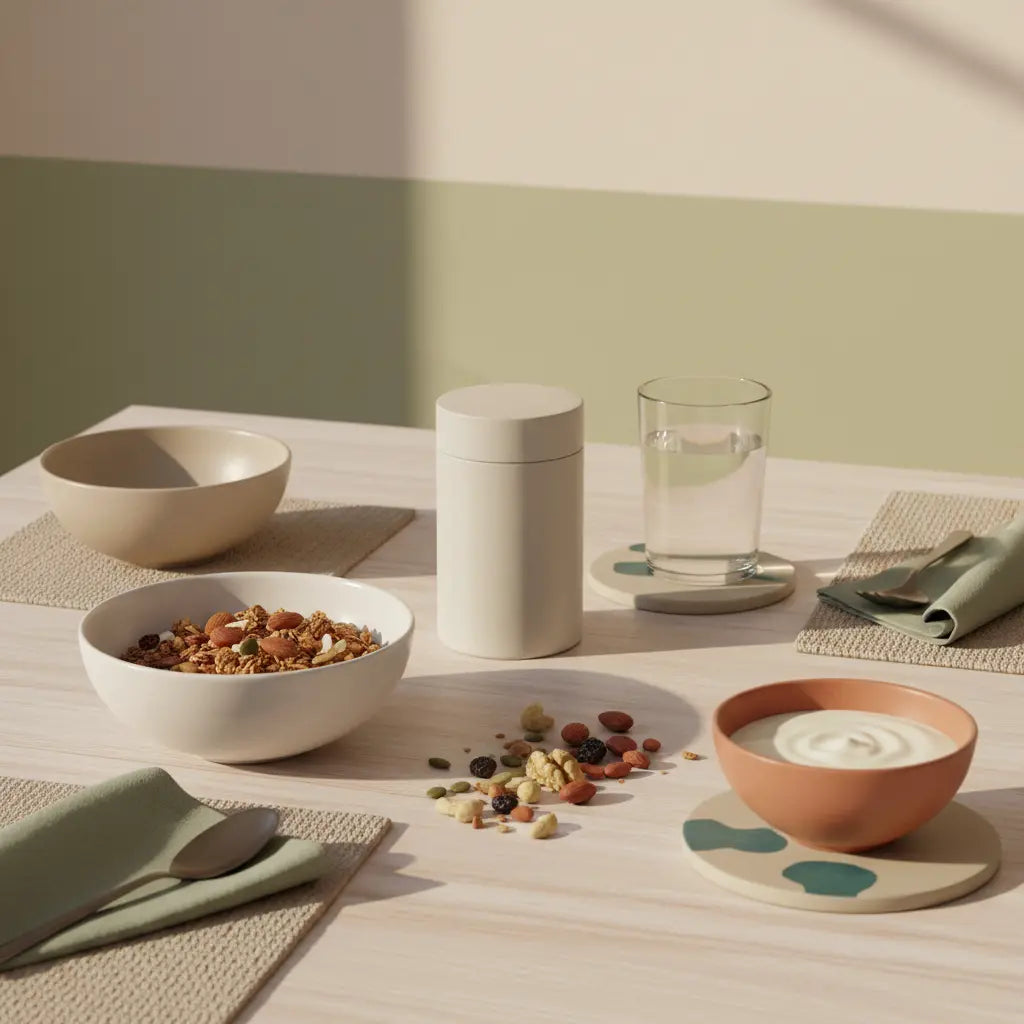 Minimalistisches veganes Frühstück mit Granola, pflanzlichem Joghurt, Nüssen und Shake auf einem Tisch in ruhiger beige-salbei-terrakotta Palette — Puderzucker statt Kristallzucker