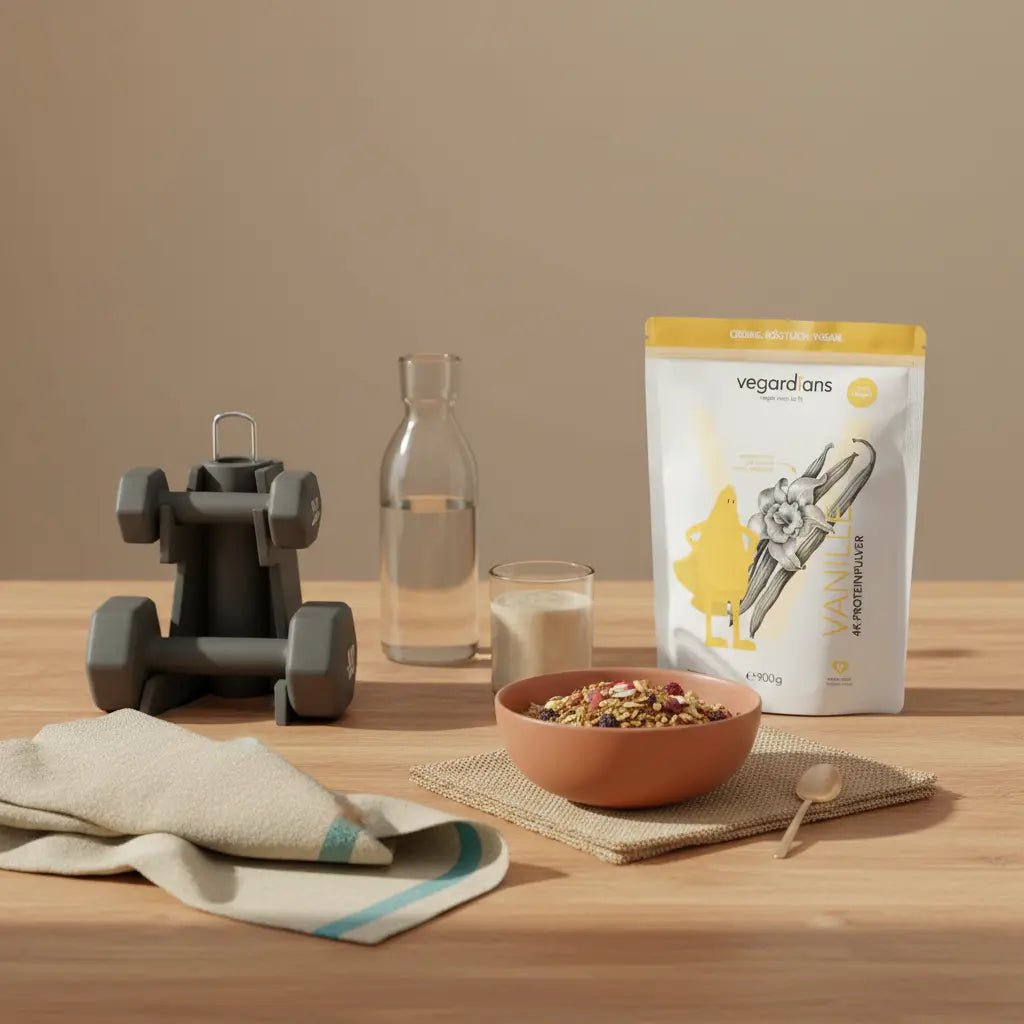 Close‑up Studiostillleben mit Hantelwagen, Handtuch, Wasserflasche und Teller mit veganem Müsli im sanften Morgenlicht, dezente Vegardians‑Akzente; Pump Fitness