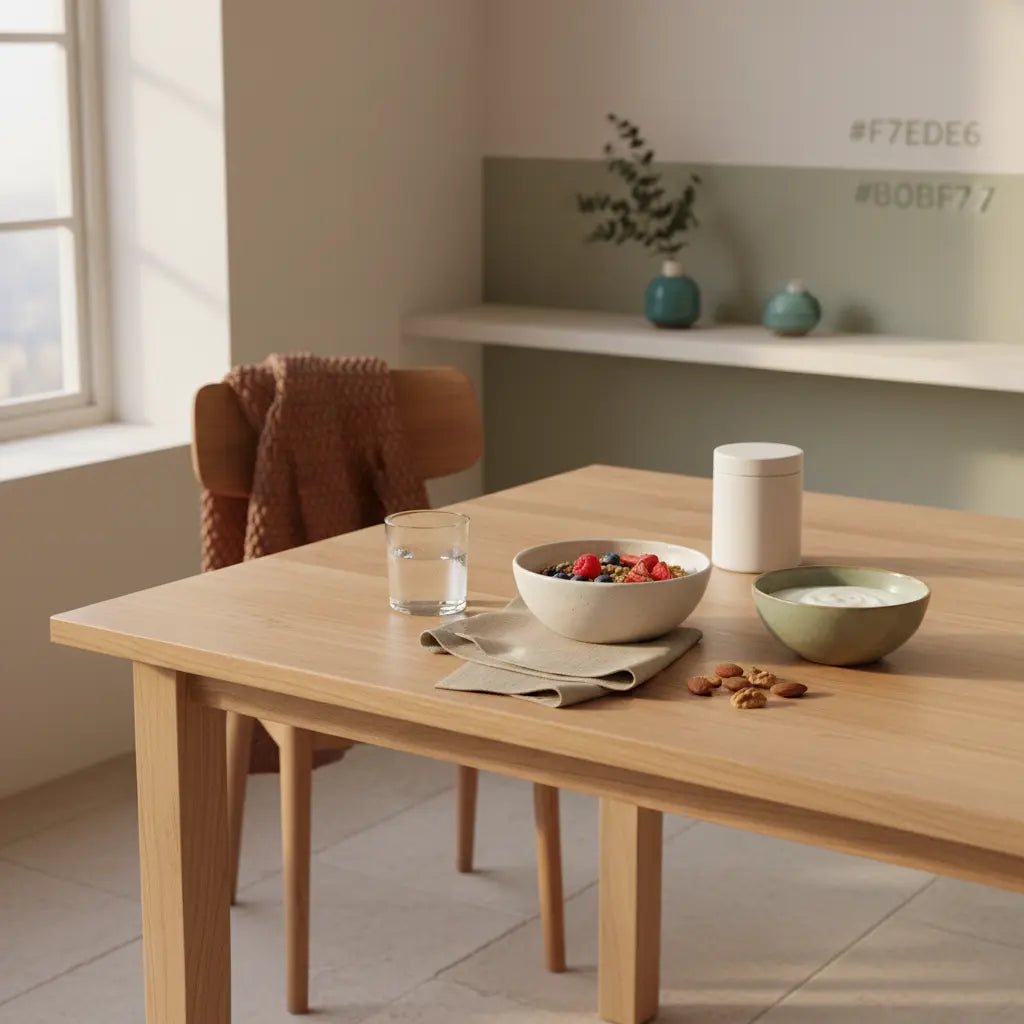 Europäische Küchen-Szene mit Holztisch, Wasserglas, Müsli mit Beeren, pflanzlichem Joghurt, Nüssen und Protein-Shake – realistisch abnehmen in 4 Wochen