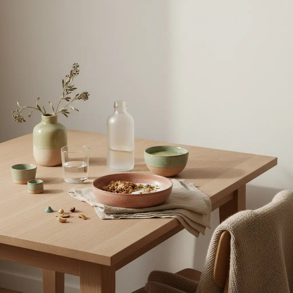 Rein pflanzlich Frühstück in minimalistischer europäischer Küche: Granola, pflanzlicher Joghurt, Nüsse und Shake auf nachhaltigem Tisch im sanften Morgenlicht.