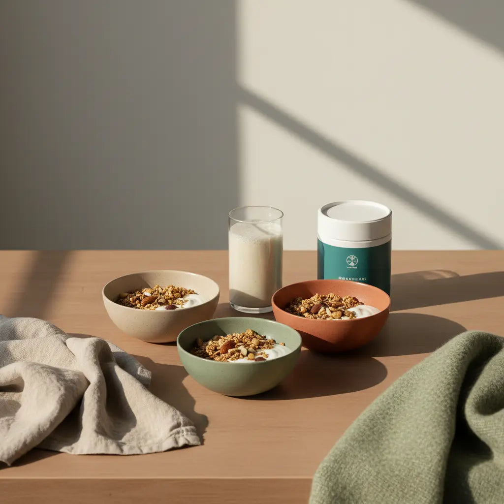 Minimalistisches Frühstück mit Granola, veganem Joghurt, Nüssen und Proteinshake auf nachhaltigem Tisch, rein pflanzlich, sanftes Morgenlicht