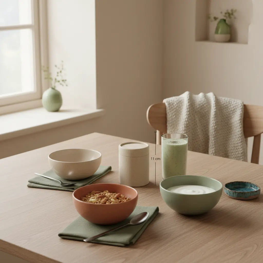 Nachhaltiges Frühstück mit Granola, Joghurt, Nüssen und Reis Protein Shake auf einem minimalistischen Tisch in heller, ruhiger Küchenkulisse.