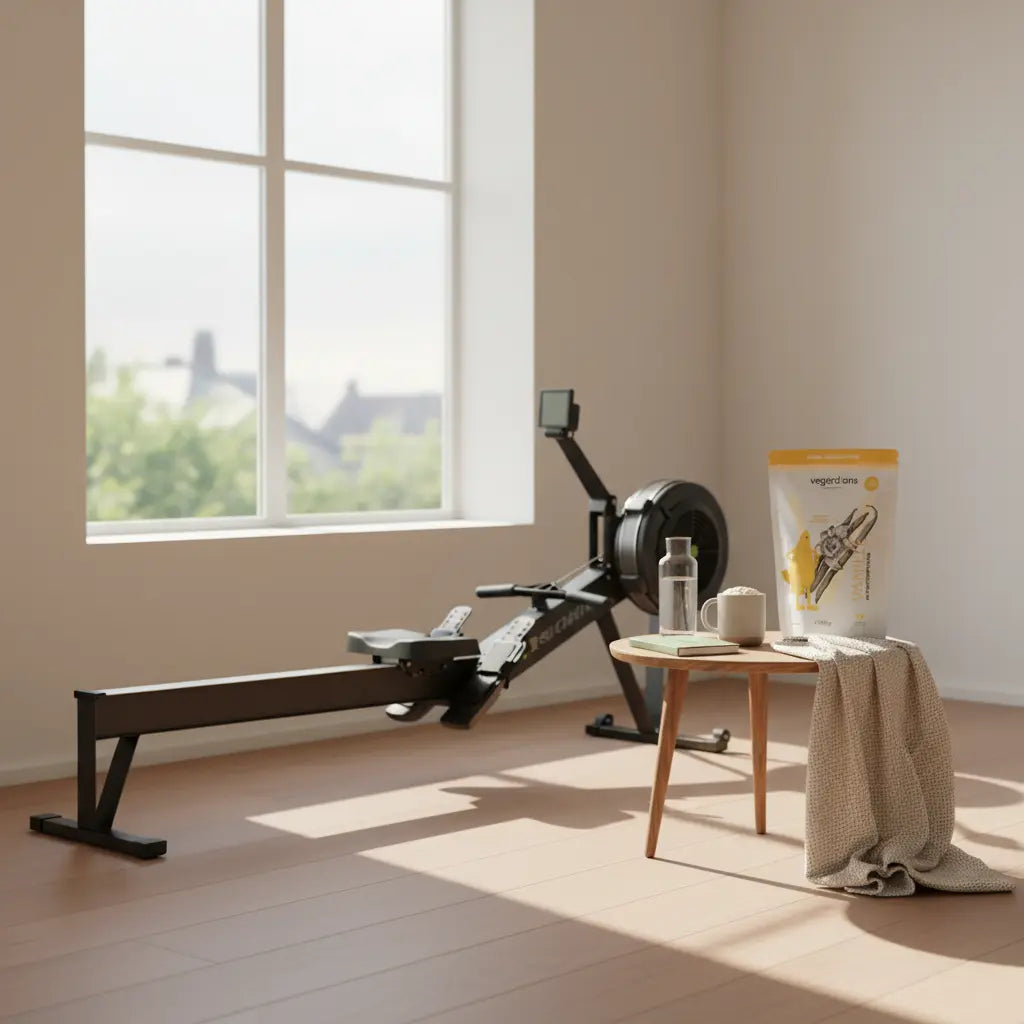 Minimalistisches Fitnessstudio mit Rudergerät am Fenster, Beistelltisch mit Wasserflasche, pflanzlichem Proteinshake und Notizbuch – rudergerät vorteile in ruhiger Morgenlicht-Atmosphäre