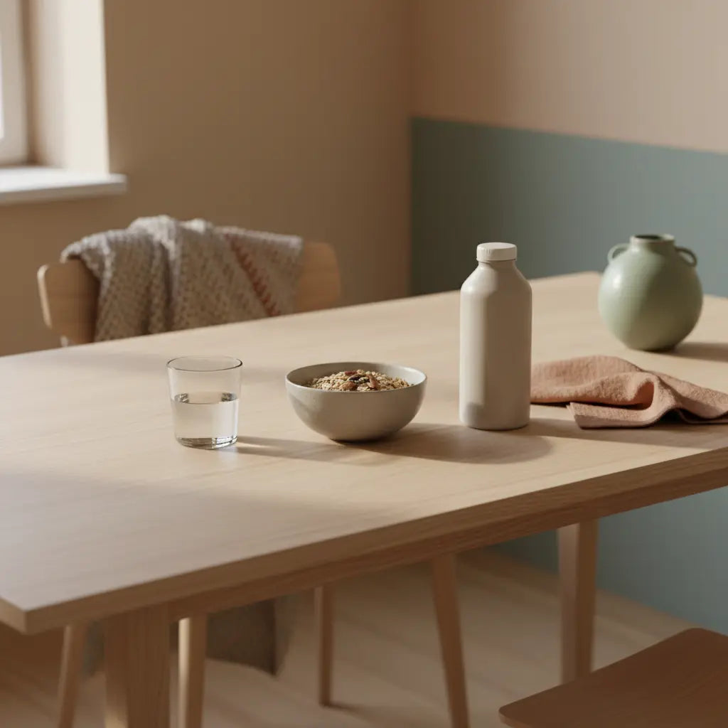 Minimalistische Frühstücksszene in einer europäischen Küche mit Hafer‑Müsli, Nüssen, Glas Wasser und pflanzlichem Shake auf Holztisch – saftkur abnehmen