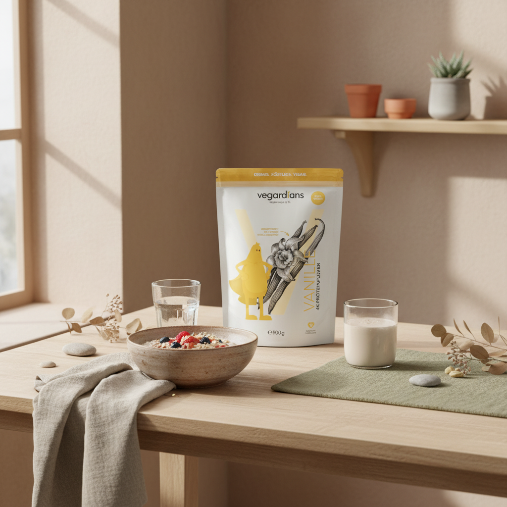 Veganes Frühstück mit Haferporridge, Glas Wasser und neutralem Proteinshake auf nachhaltigem Holztisch in europäischer Küche – sättigende lebensmittel zum abnehmen