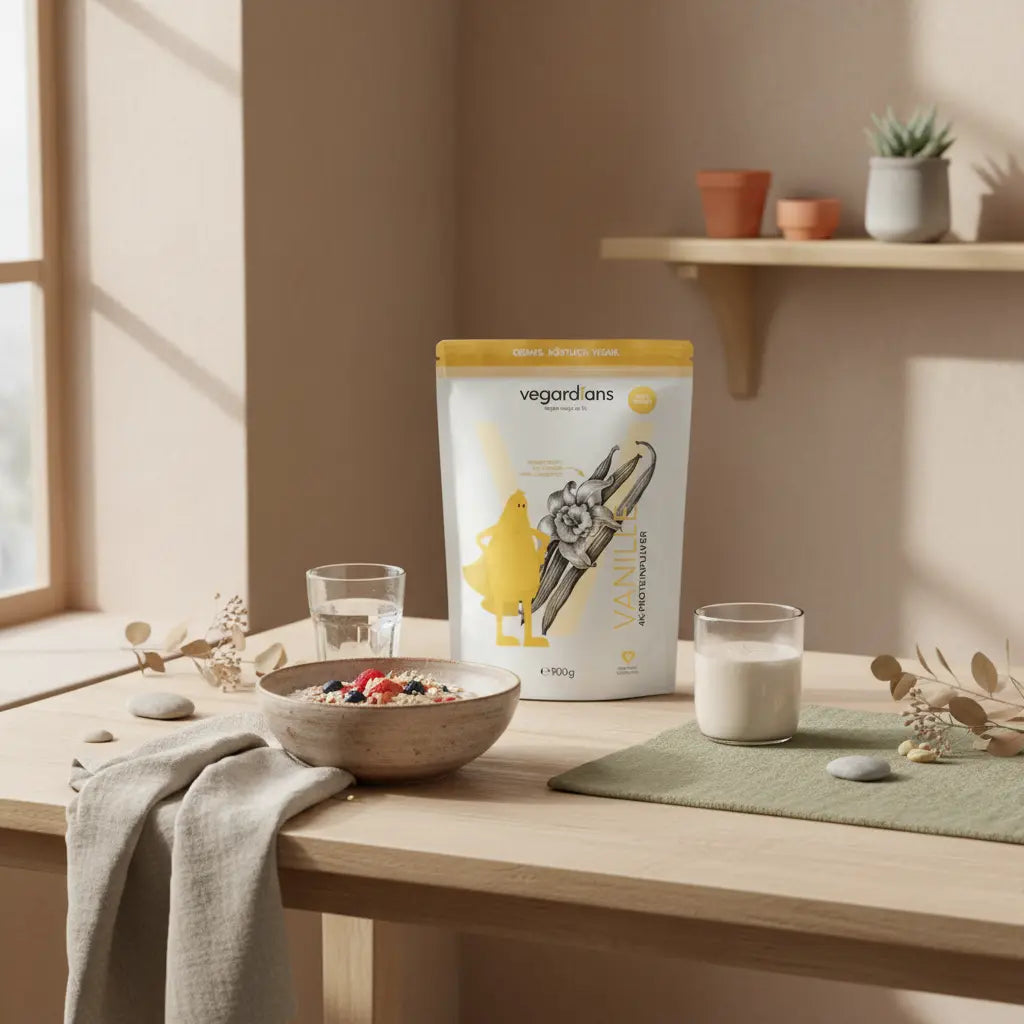 Veganes Frühstück mit Haferporridge, Glas Wasser und neutralem Proteinshake auf nachhaltigem Holztisch in europäischer Küche – sättigende lebensmittel zum abnehmen