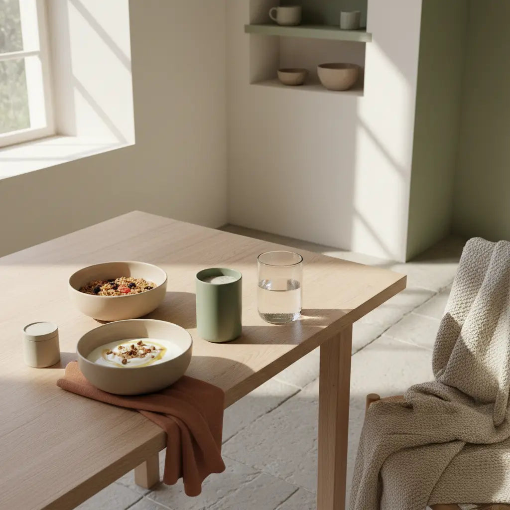 Minimalistisches veganes Frühstück mit Granola, Joghurt, Nüssen und Shake auf nachhaltigem Tisch in weichem Morgenlicht, Vegardians-Farbpalette, sätze für muskelaufbau