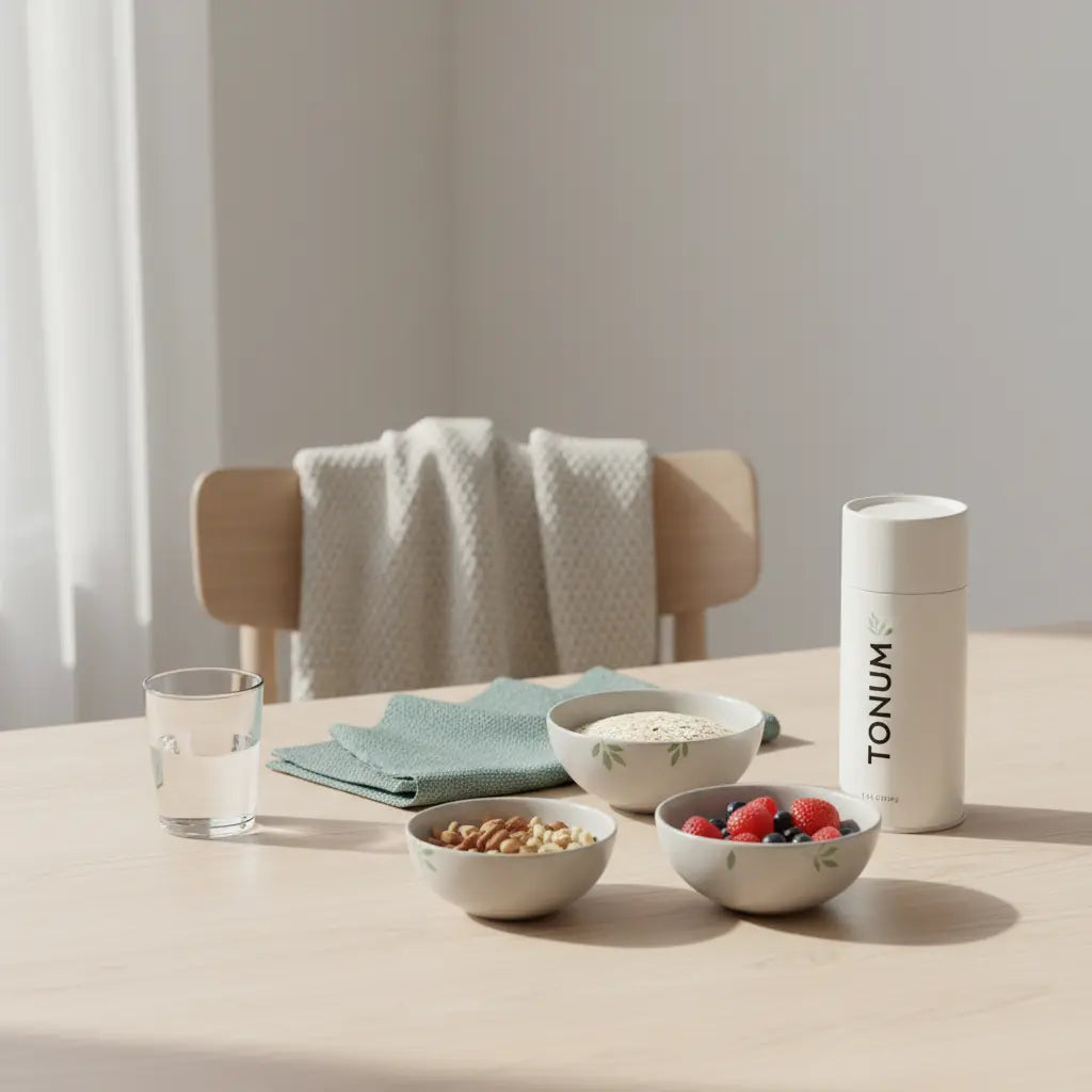 Minimalistisches Frühstück auf nachhaltigem Holztisch mit Hafer, Nüssen, Beeren und pflanzlichem Shake – Bild für Schilddrüsenunterfunktion abnehmen, Hintergrund #F7EDE6.