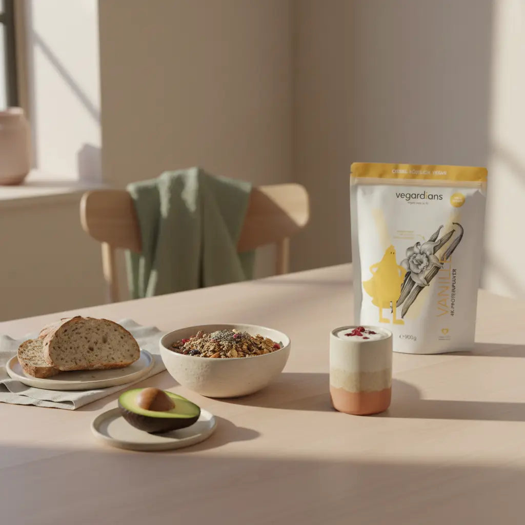 Minimalistisches Morgenfrühstück mit kaloriendichtem veganem Müsli, Protein‑Shake, Avocado und Vollkornbrot auf nachhaltigem Holztisch – schnell 10 kg zunehmen